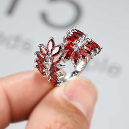 Band Rings Boho Plant Leaf Red Ring Silver Color Marquise Cut Zircon Stone Rings For Women Female Vintage Cocktail Ring Party Jewelry AA230412