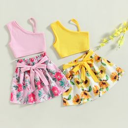 Clothing Sets Fashion Baby Girls Summer Toddler Girl Clothes Sleeveless Knit Vest TopsFloral Skirt with Belt 3Pcs Set Suit 230412