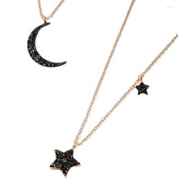 Chains Black Rhinestone Star Moon Double Layer Pendant Necklaces For Women Party Birthday Trend Short Clavicle Chain Creativity Jewellery