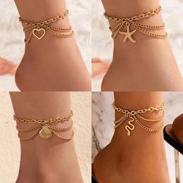 Anklets Vintage Shell Heart Summer For Women Gold Colour Multi-layers Ankle Bracelets Girls Barefoot On Leg Chain Jewellery Gift