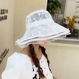 Stingy Brim Hats OMEA Lace Pearl Bucket Hat Women Embroidery Luxury Floral Summer Beach Visor Wide Brim Lolita Elegant Casual Sun Hat Wholesale 230411