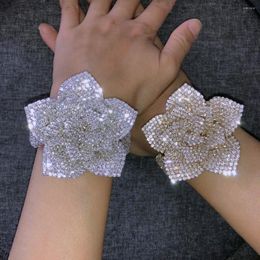 Bangle Three Layers Flower Shape Rhinestone Cocktail Stretch Bracelet Girls Sparkly Crystal Open Women Party Jewelry Gift