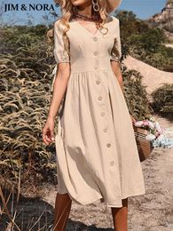 Casual Dresses JIM NORA Women's V Neck Button Down Midi Dress A-line Short Sleeve Solid Summer Fashion Sundress 230412