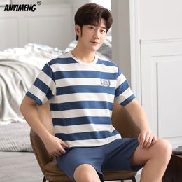 Men's Sleepwear Summer Cotton Navy Big Size 4XL Mens Shorts Minimalist Nightwear Soft Leisure Loungewear for Boy Man Striped Pyjamas Set 230412