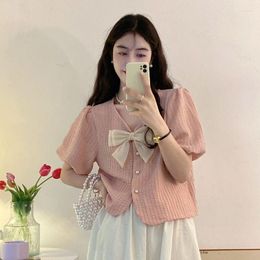 Women's Blouses French Style Bow Short Sleeve Shirt Women Summer Dress 2023 Button Up Elegant Blouse Vintage Crop Top Female Clothing Thin