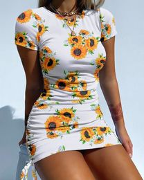 Casual Dresses Style Women Slim Sheath Short Ladies Young Sunflower Mini Summer Dyeing Drawstring 230412