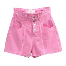 Women's Shorts Summer Women's Pink denim Shorts Fashion Women's Button High Waist Full Match A-line Shorts Casual Pocket Bottom 230412