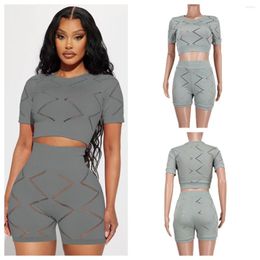 Women's Tracksuits Hollow Out Solid Summer Two Piece Set Women Short Sleeve T-shirts Crop Top High Waist Skinny Shorts Jogging Suits