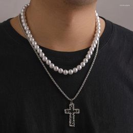 Pendant Necklaces 2023 Men Gothic Black Cross Pendent Necklace With Chain Charm Handmade Pearl Beaded Layered Jewellery Gifts