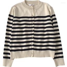 Women's Knits Autumn Women&#39;s Korean Cardigan Round Neck Striped Casual Long-sleeved Sweater