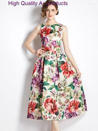 Casual Dresses Fashion Runway Summer Flower Print Tank Dress Women Sleeveless Midi Aline Party Vestidos Elegant Holiday Sundress Robes