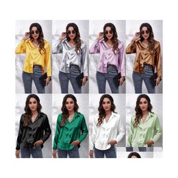 Women'S Blouses Shirts Womens Satin Silk Blouse V Neck Button Down Long Sleeve Casual Summer Dressy Tops For Work Professional Dro Dh1M6