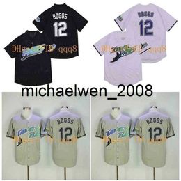 1999 Devil Jersey #12 Wade Boggs VINTAGE Baseball Jerseys Pullover Mesh BP Black White Grey Jersey Top Quality