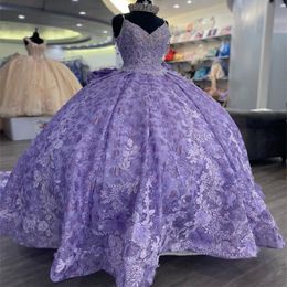 Sparkly Lavender V-Neck Princess Quinceanera Dresses Spaghetti Strap Applique Beads Crystal Vestidos De 15 Anos Prom Party