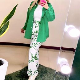 Women's Two Piece Pants Women Loose Long Sleeve Shirt Print Set Summer Turn Down Collar Shirts Wide Leg Trousers Ladies Leisure Sporty Suit