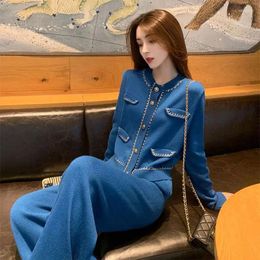 Women's Two Piece Pants Female Vintage Sweater Set High Waist Wide-leg Ladies Casual Oversized And Trousers Suits G678