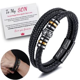 Charm Bracelets Braided Leather To My Son I Will Be with You for Men Double Row Magnetic Closure 230411
