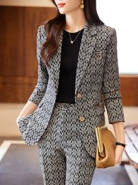 Womens Two Piece Pants Autumn Women Suits Gray Coffee Brown Print Casual Business Female Slim Blazer Flare Pant Sets Office Lady 2 Set 231110