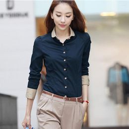 Women's Blouses Work Long Sleeve Shirts Women Office Turn Down Collar Button Casual Slim Shirt Ladies Chiffon Tops Korean Blue Blusas