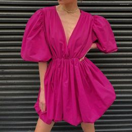 Casual Dresses Women Short Dresse Cross V-neck Puff Sleeve A-line Streetwear Dress Female Solid Party Summer 2023 Mini