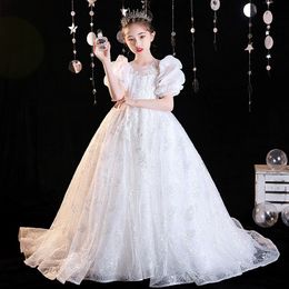 Arabic 2023 Floral Lace Flower Girl Dresses Ball Gowns Child Pageant Dresses Long Train Beautiful Little Kids white shiny Girl Pageant Dress Formal Bridesmaid Dress