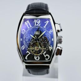 Mens watch wine cask type luxury leather strap tourbillon mechanical date skeleton automatic multifunctional student watch for father's gift manufacturers