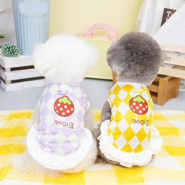 Dog Apparel Lovely Breathable With Traction Ring Strawberry Printing Pet Puppy Plaid Princess Dress Sleeveless Daily Wear