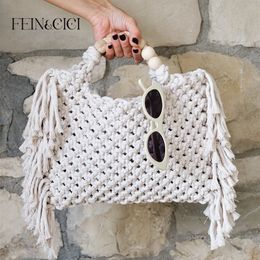Evening Bags Crochet boho chic Summer fringe beach bag Macrame Tote hand Beige blue market Vintage Style 230412