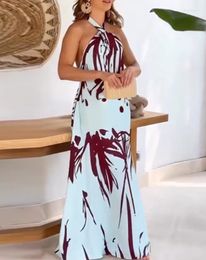 Casual Dresses For Women 2023 Elegant Sexy Sleeveless Halter Tropical Print Backless Maxi Dress Vacation Fashion Summer