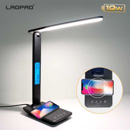 Desk Lamps LAOPAO 10W QI Wireless Charging LED Desk Lamp With Calendar Temperature Alarm Clock Eye Protect Study Business Light Table Lamp P230412