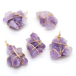 Natural Amethyst Stone Irregular Winding Gold Wire Pendant Crafts For DIY Jewelry Making Necklace Earring Accessories Gift Party