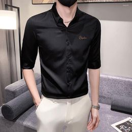 Men's Casual Shirts Rose Embroidery Camisa Masculina Fashion Buttons Half Sleeved Korean For Men Summer Party Club Lapel Men's Shirt