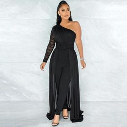 Ethnic Clothing Africa Latest Design Jumpsuit For Women Oblique Shoulder Unilateral Long Sleeve Femme Clothes Solid Mesh Patchwork Pants