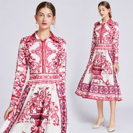 Paisley Floral Vintage Midi Dress Woman Designer Long Sleeve Lapel Button High Waist Vacation Runway Ruched Dresses 2023Spring Autumn Chic Party Slim A-Line Frocks