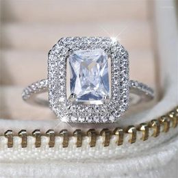 Cluster Rings Luxury Geometric Square Wedding Bands Silver Colour White Zircon Promise Engagement For Women Opening Index Finger Ring CZ