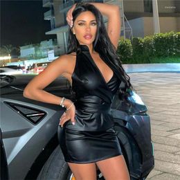 Casual Dresses Faux PU Leather Backless Mini Dress Women Moto & Biker Halter V-neck Sleeveless Bow Tie Skinny Vestido High Street