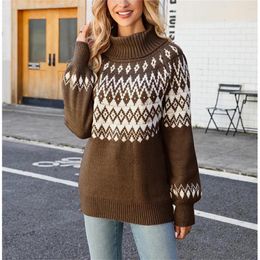 Women's Sweaters Vintage Turtleneck Sweater Pullovers Geometric Jacquard Knitted Plus Size Clothes Trend Women Jersey Jumper Outfit Pull