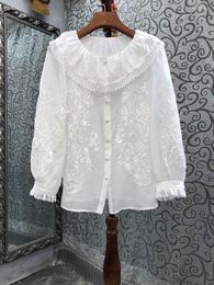 Women's Blouses Top Quality Women's Blouse 2023 Spring Summer White Shirt Ladies Allover Exquisite Embroidery Long Sleeve Silk Cotton