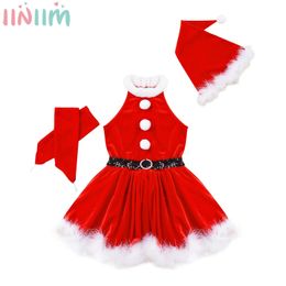 Girl's Dresses 4-16Y Girls Christmas Santa Claus Cosplay Costume Ballet Skating Dance Tutu Dress with Hat Gloves Xmas Year Party Clothes 231110