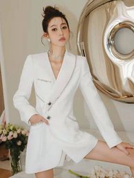 Women s Suits Blazers White Diamond Beading Medium Long Elegant Slim Single Breasted Suit Jackets Streetwear Ladies Full Sleeve Outwear S L 230411