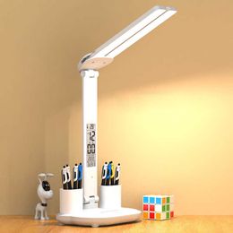 Desk Lamps Double Head LED Desk Lamp USB Dimmable Touch Foldable Table Lamp with Calendar Temperature Clock Night Light Study Reading Lamp P230412