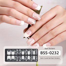 Semi Cured Gel Nail Strips French (Pink White Elegance) French Gel Nail Stickers with white and Pink Tips Glossy Nail Polish Wraps 20 Stickers