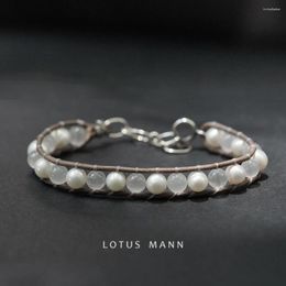 Strand LotusMann Customized Spotlight! Messenger Of Light. Natural Opal And Freshwater Pearl Grey Leather Rope Bracelet