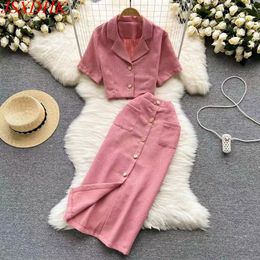 Two Piece Dress Sets Fashion Korean Summer Tweed 2 Piece Set Women Notched Collar Pink Short Blazer Coat +Button Pocket Bodycon Long Skirts Suit 2024