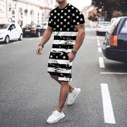 Men's Tracksuits Independence Day 2 Piece Set Stripe Print Men Tracksuit Star O-neck Sets Short Sleeve Ensemble Homme Streetwear