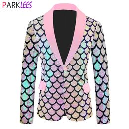 Men's Suits Blazers Pink Fish Scale Sequins Glitter Velvet Blazer Men Slim Fit One Button Shiny Suit Jacket Mens Wedding Party Dinner Costume Homme 231110