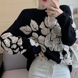 Women's Sweaters TEROKINIZO French Vintage Temperament Clothing Femme Black Embroidered Knitted Sweater Round Neck Western Style Loose