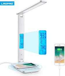 Desk Lamps LAOPAO10W QI Wireless Charging LED Desk Lamp With Calendar Temperature Alarm Clock Eye Protect Reading Business Light Table Lamp P230412