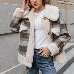 Women's Trench Coats Fashion Winter Warm Women Lady Parkas Outwear Plaid Printed Patchwork Lapel Fluffy Thick Teddy Coat Plush Jacket