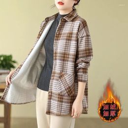 Women's Blouses Retro Shirt Women Lazy Temperament Plaid Colour Matching Medium Length Plush Casual Versatile Jacket Fleece Top Z3763